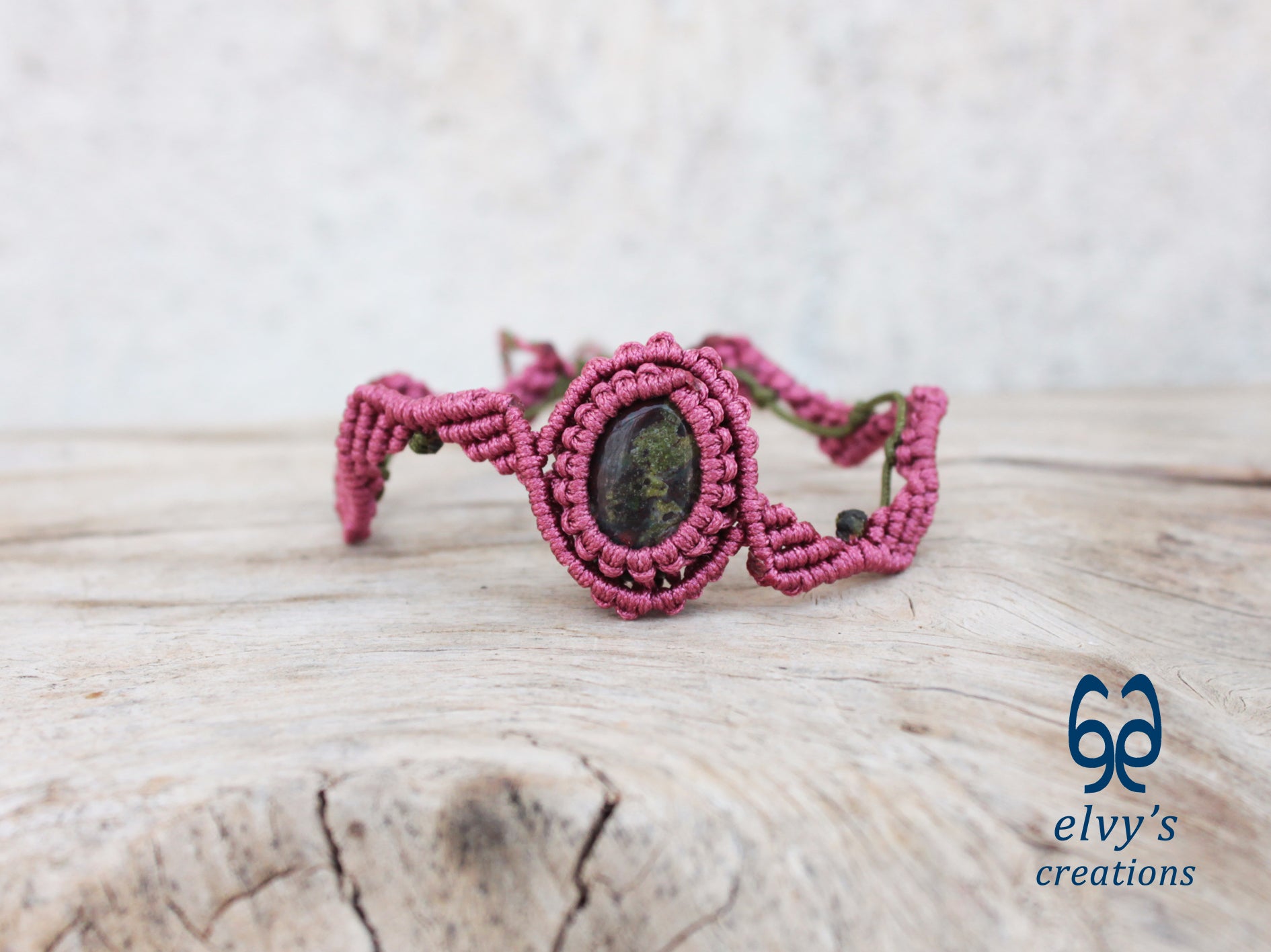 Handmade Green Macrame Bracelet Pink Bracelet with Dragon Blood Gemstone