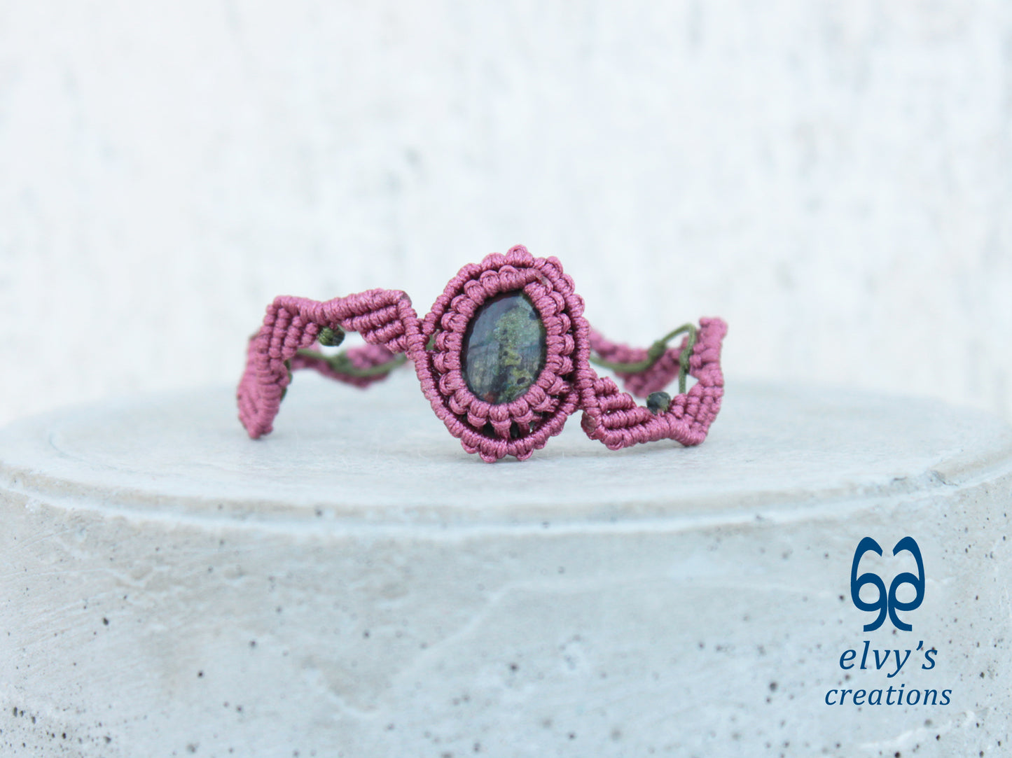 Handmade Green Macrame Bracelet Pink Bracelet with Dragon Blood Gemstone