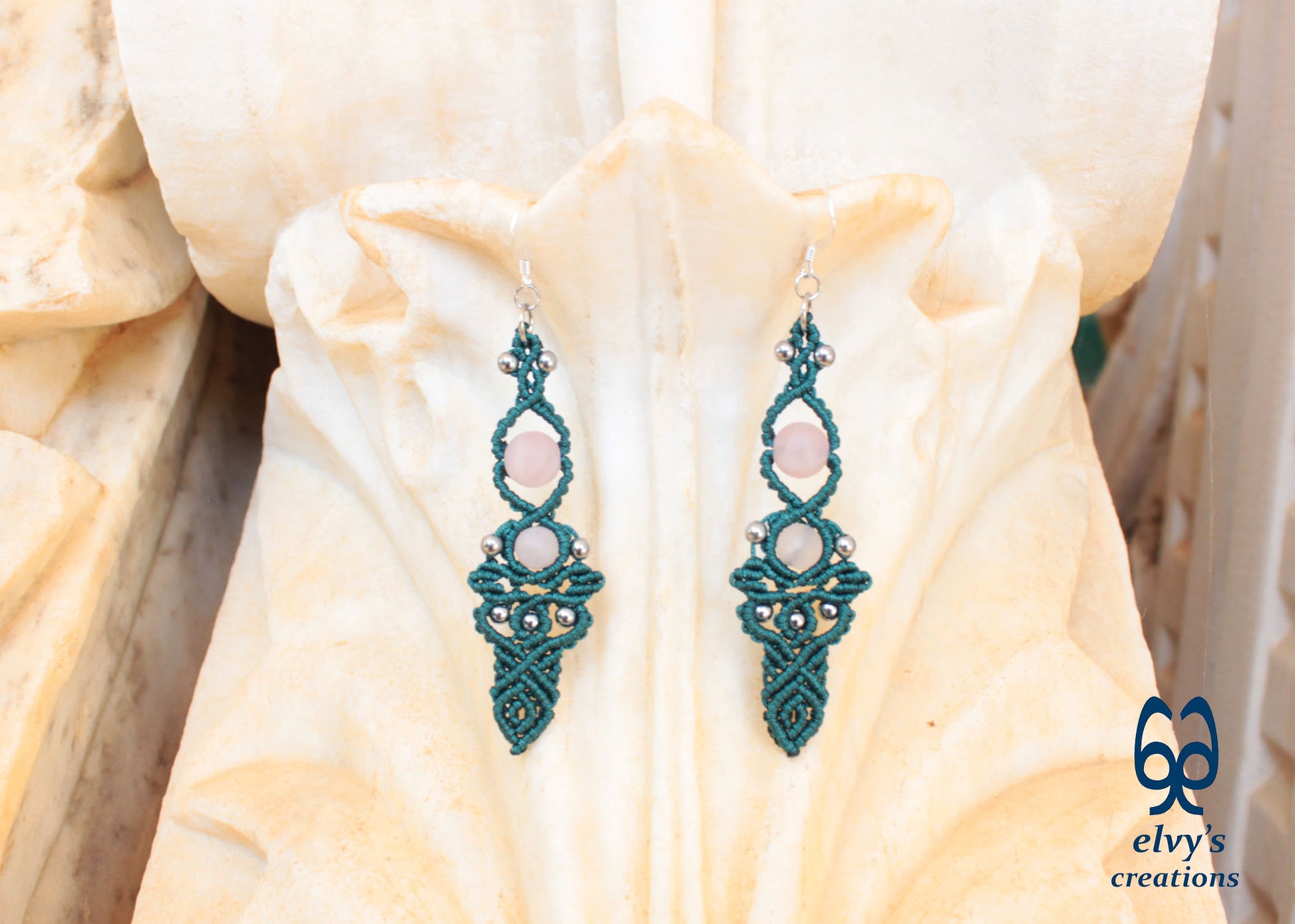 Green Macrame Earrings with Beryl Gemstones Handmade Silver Earrings