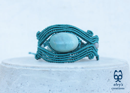 Handmade Green Macrame Bracelet Adjustable Cuff with Blue Amazonite Gemstones