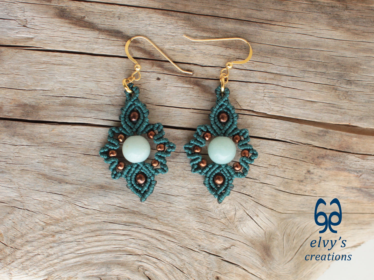 Handmade Emerald Green Macrame Earrings with Chalcedony Gemstones