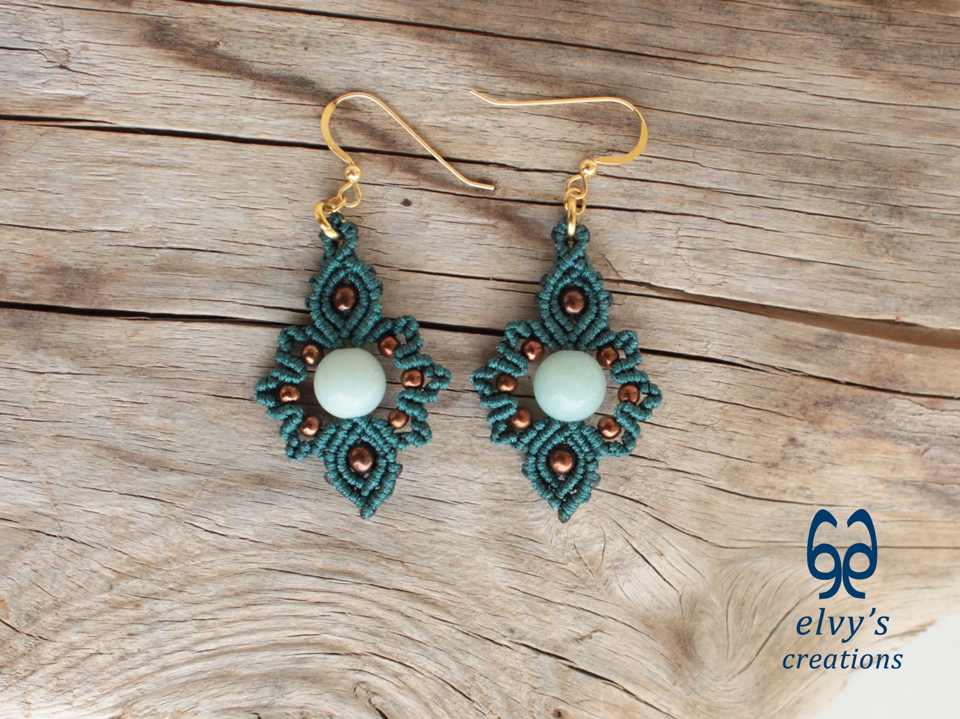 Handmade Emerald Green Macrame Earrings with Chalcedony Gemstones