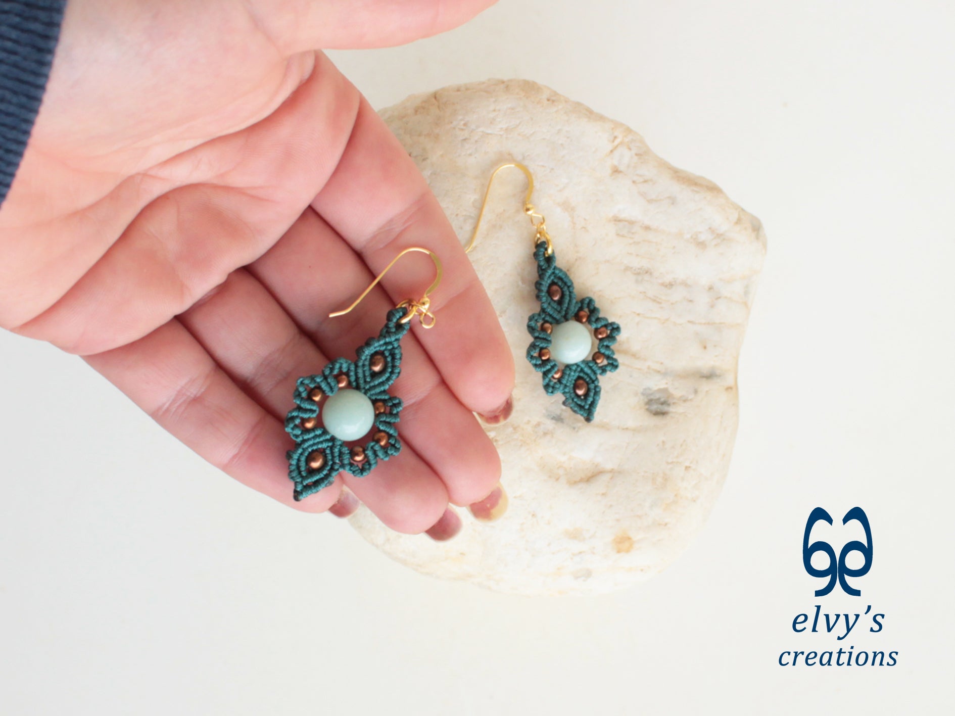 Handmade Emerald Green Macrame Earrings with Chalcedony Gemstones