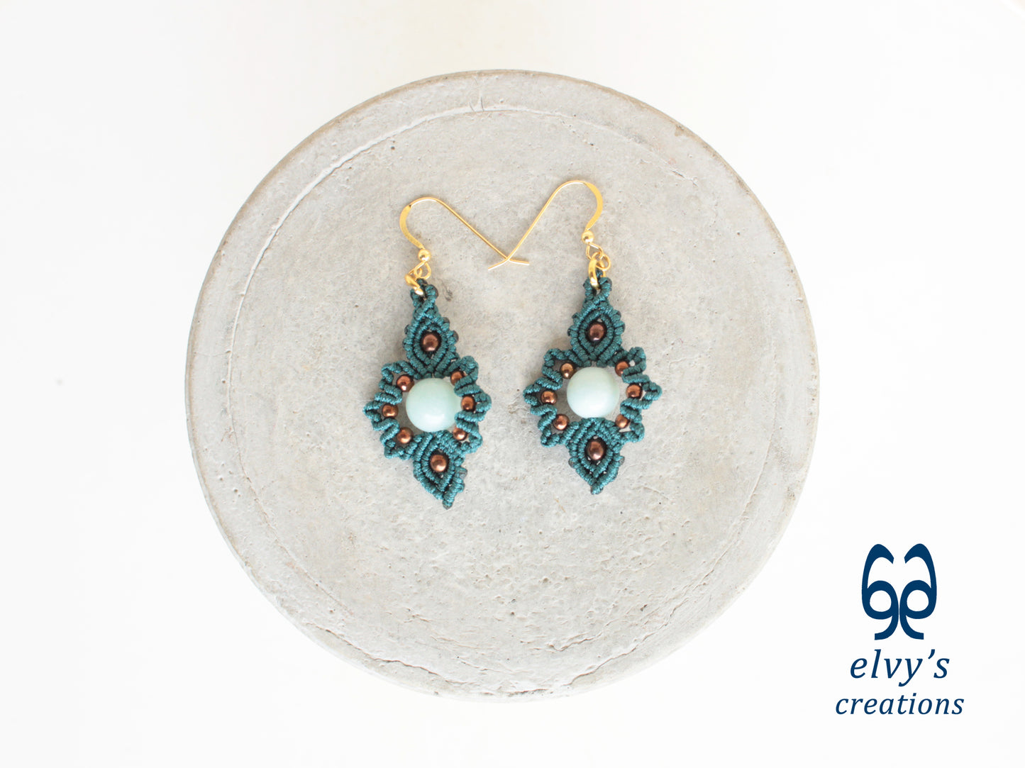 Handmade Emerald Green Macrame Earrings with Chalcedony Gemstones