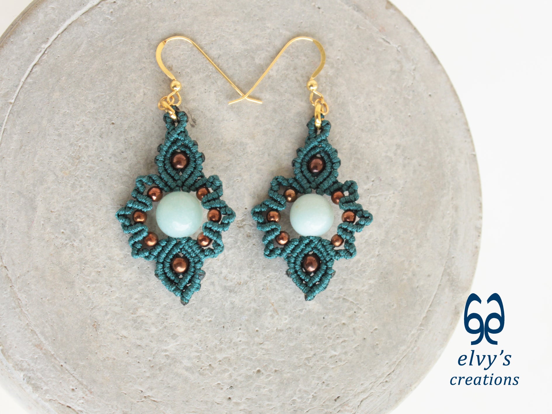 Handmade Emerald Green Macrame Earrings with Chalcedony Gemstones