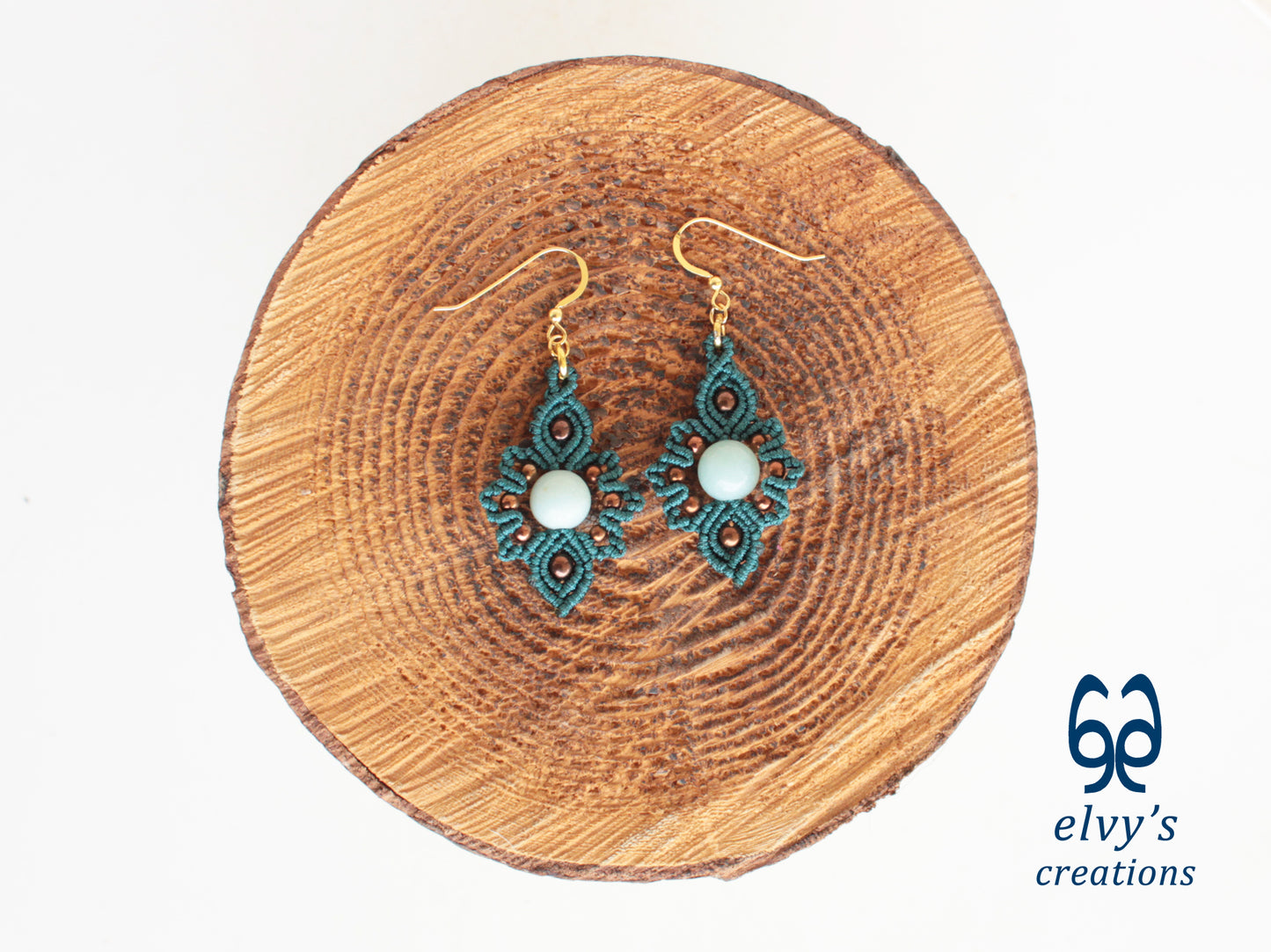 Handmade Emerald Green Macrame Earrings with Chalcedony Gemstones