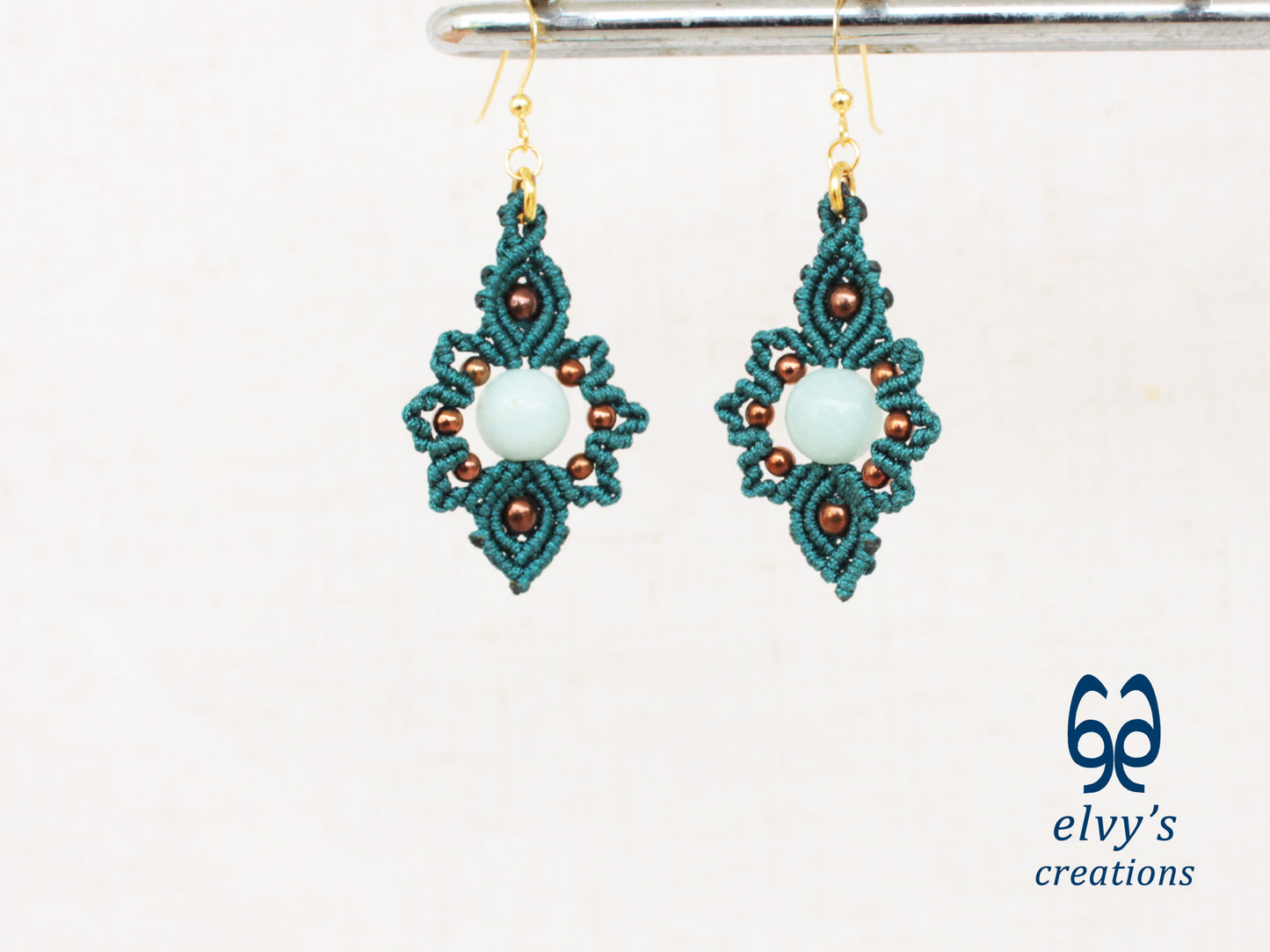 Handmade Emerald Green Macrame Earrings with Chalcedony Gemstones