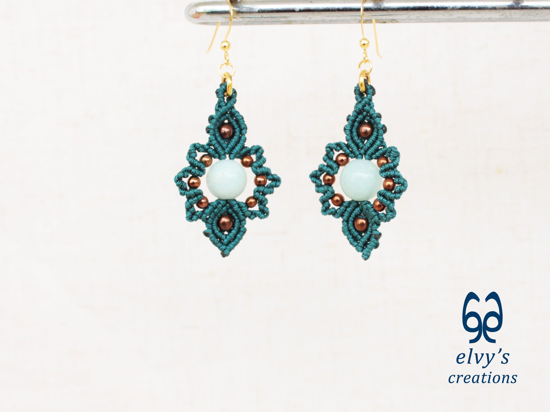 Handmade Emerald Green Macrame Earrings with Chalcedony Gemstones
