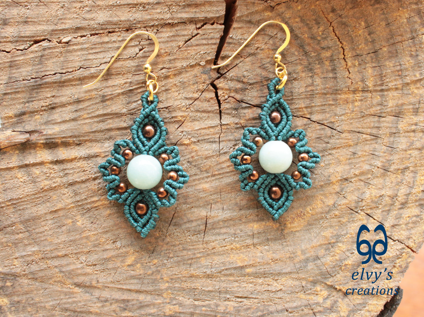 Handmade Emerald Green Macrame Earrings with Chalcedony Gemstones