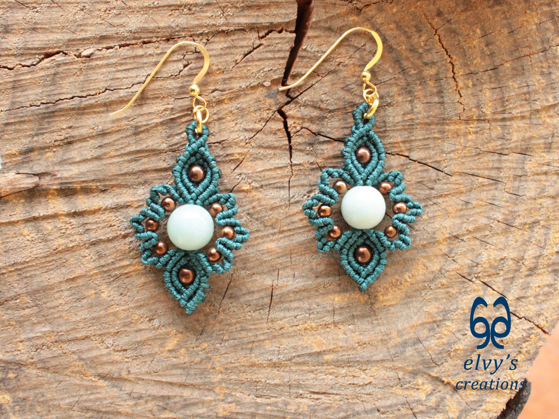 Handmade Emerald Green Macrame Earrings with Chalcedony Gemstones