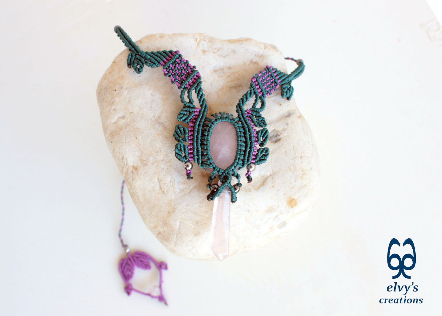 Green Macrame Necklace Choker with Rose Crystal Quartz Purple Boho Necklace