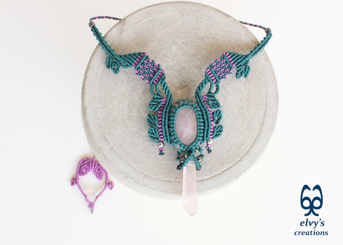 Green Macrame Necklace Choker with Rose Crystal Quartz Purple Boho Necklace