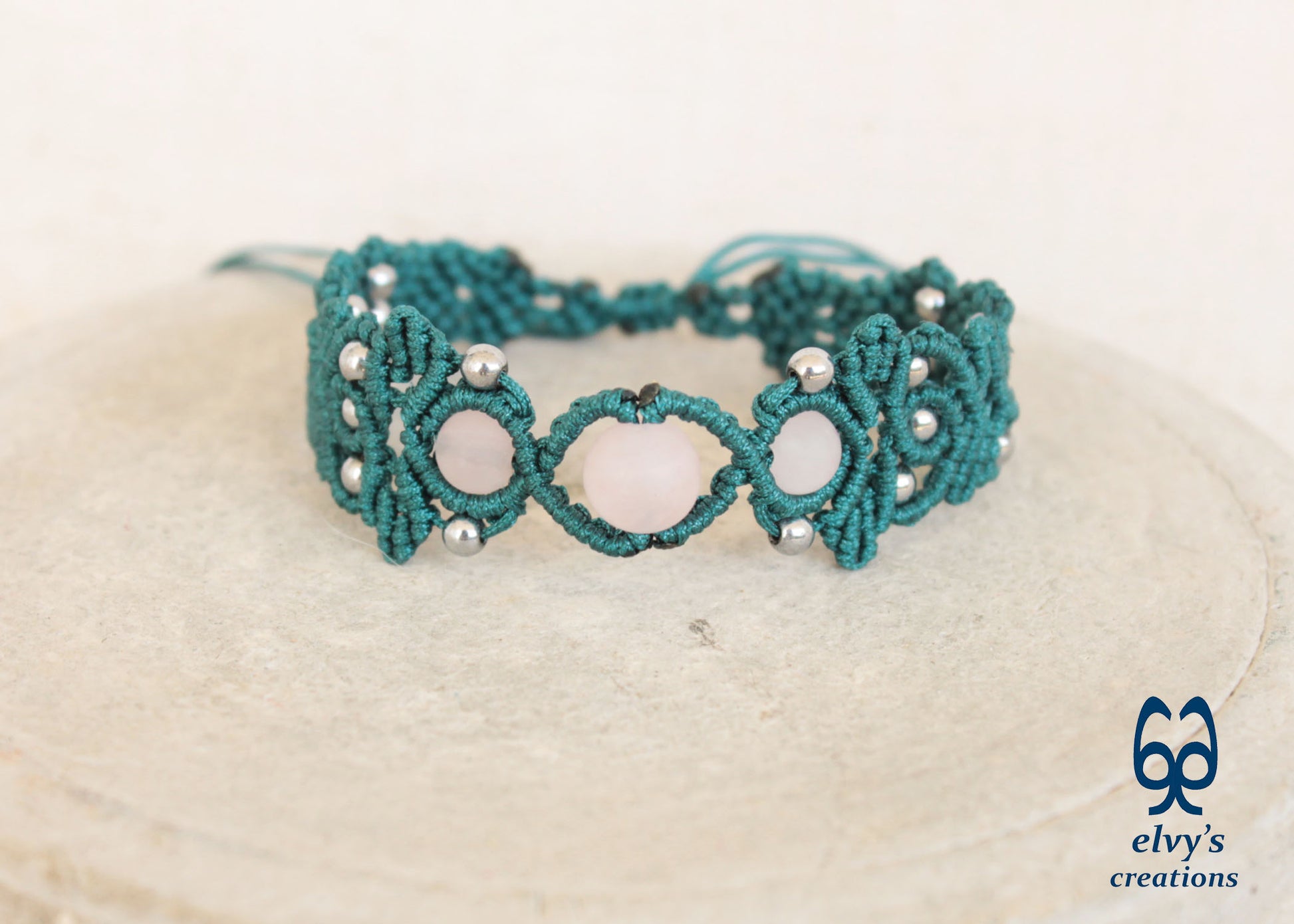 Green Macrame Bracelet with Beryl Gemstones Adjustable Green Handmade Bracelet