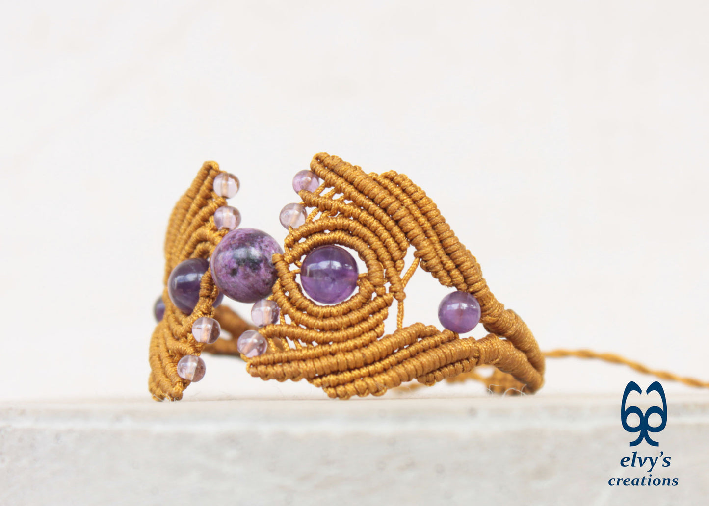 Gold Macrame Bracelet with Amethyst Gemstones