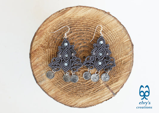 Gray Macrame Silver Earrings Dangle with Aquamarine Healing Gemstones Silver Coins 
