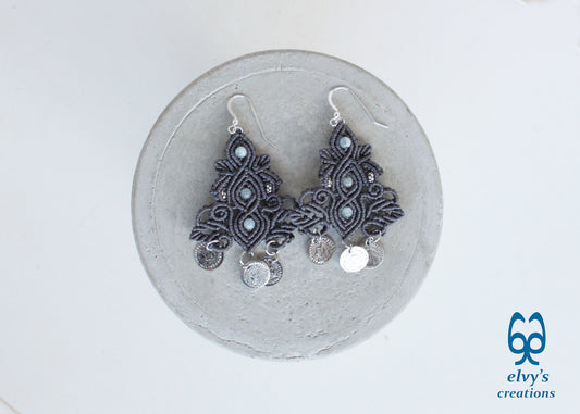 Gray Macrame Silver Earrings Dangle with Aquamarine Healing Gemstones Silver Coins 