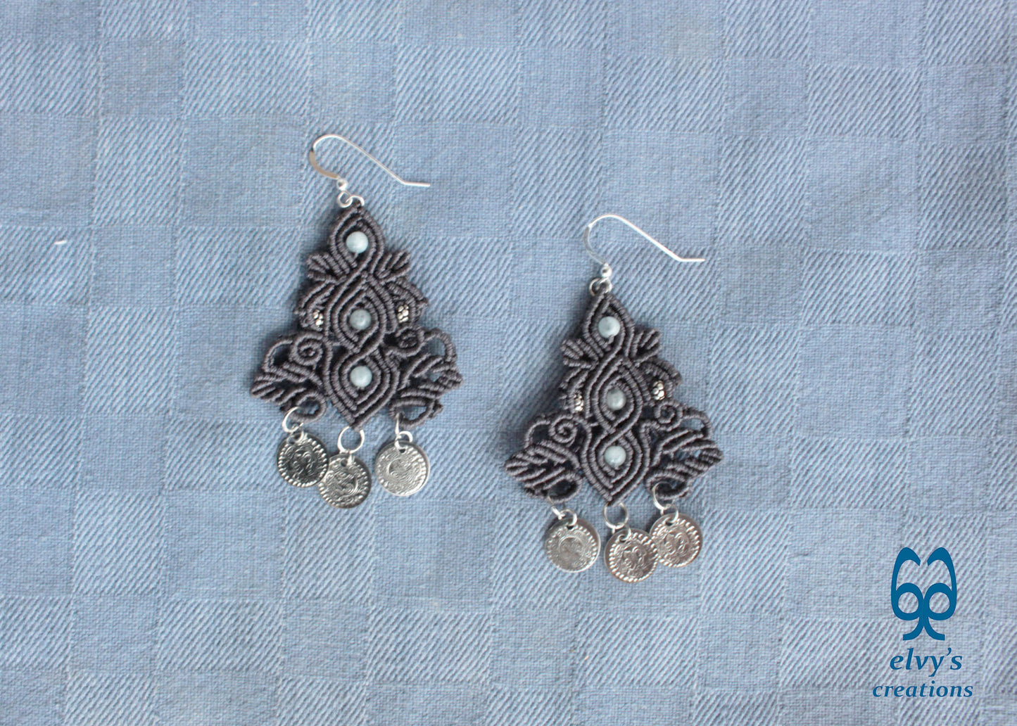 Gray Macrame Silver Earrings Dangle with Aquamarine Healing Gemstones Silver Coins 