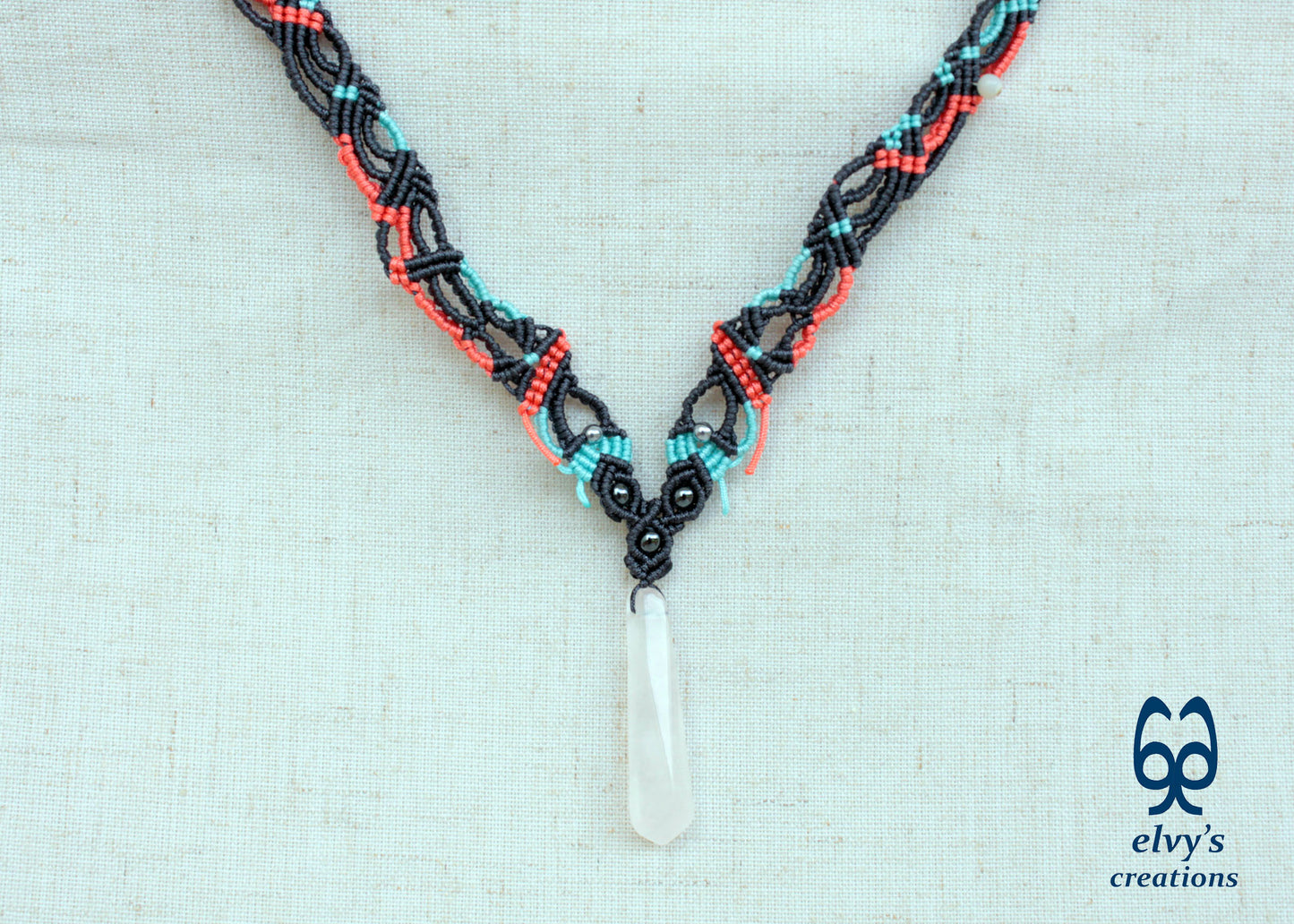 Handmade Macrame Necklace with Crystal Quartz Gemstones Crystal Choker Necklace