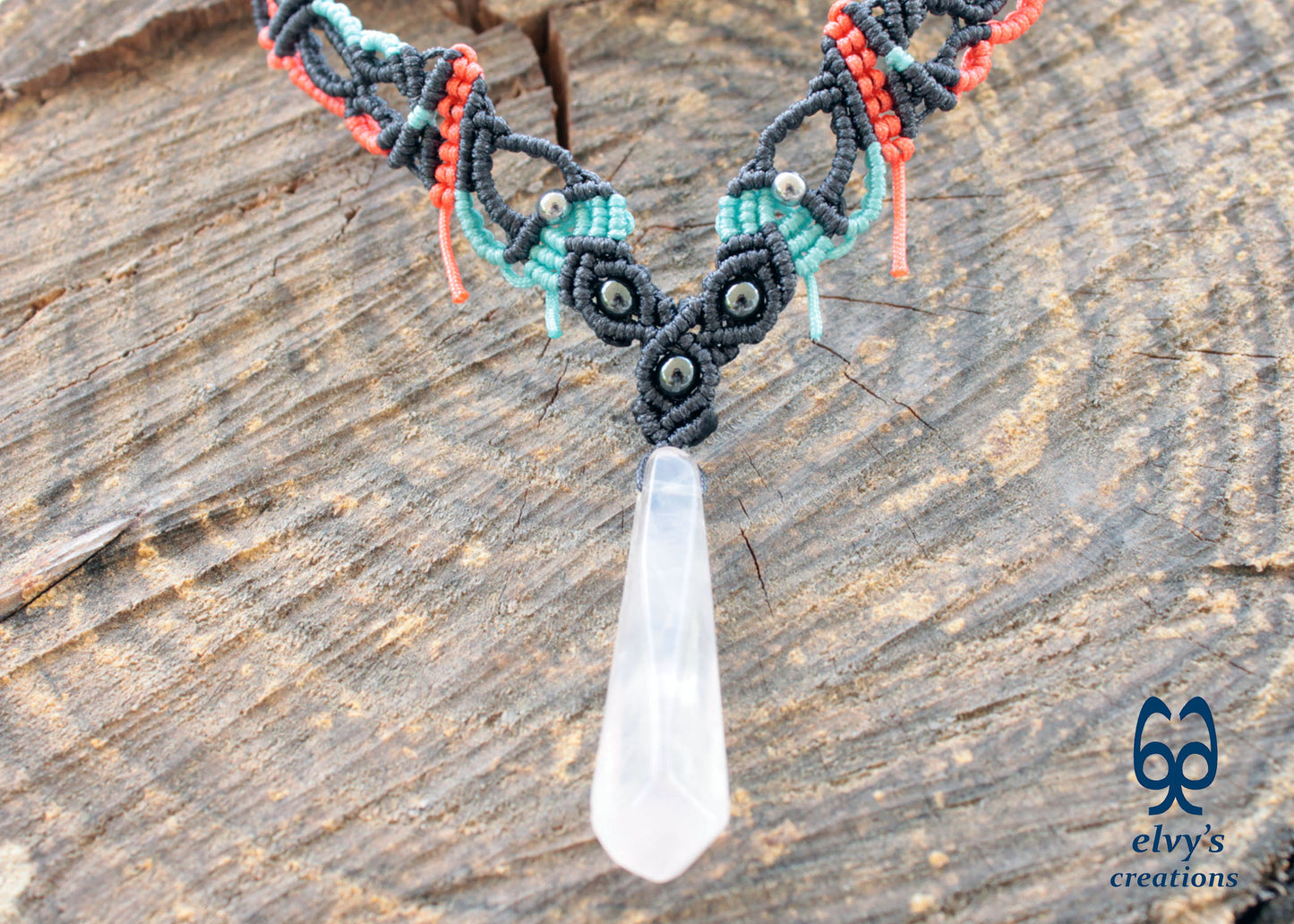 Handmade Macrame Necklace with Crystal Quartz Gemstones Crystal Choker Necklace