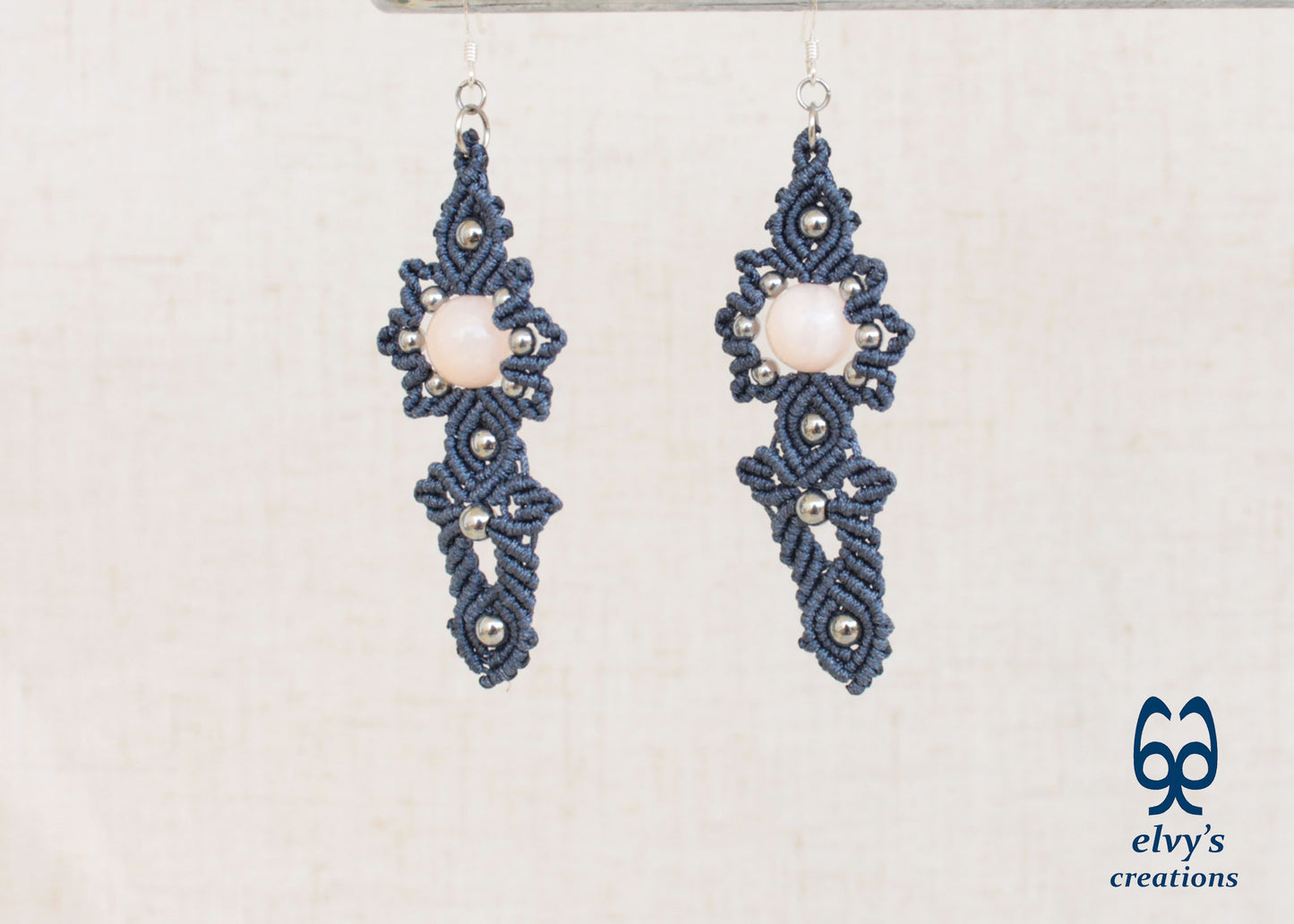 Gray Macrame Handmade Earrings with Pink Quartz and Hematite Gemstones
