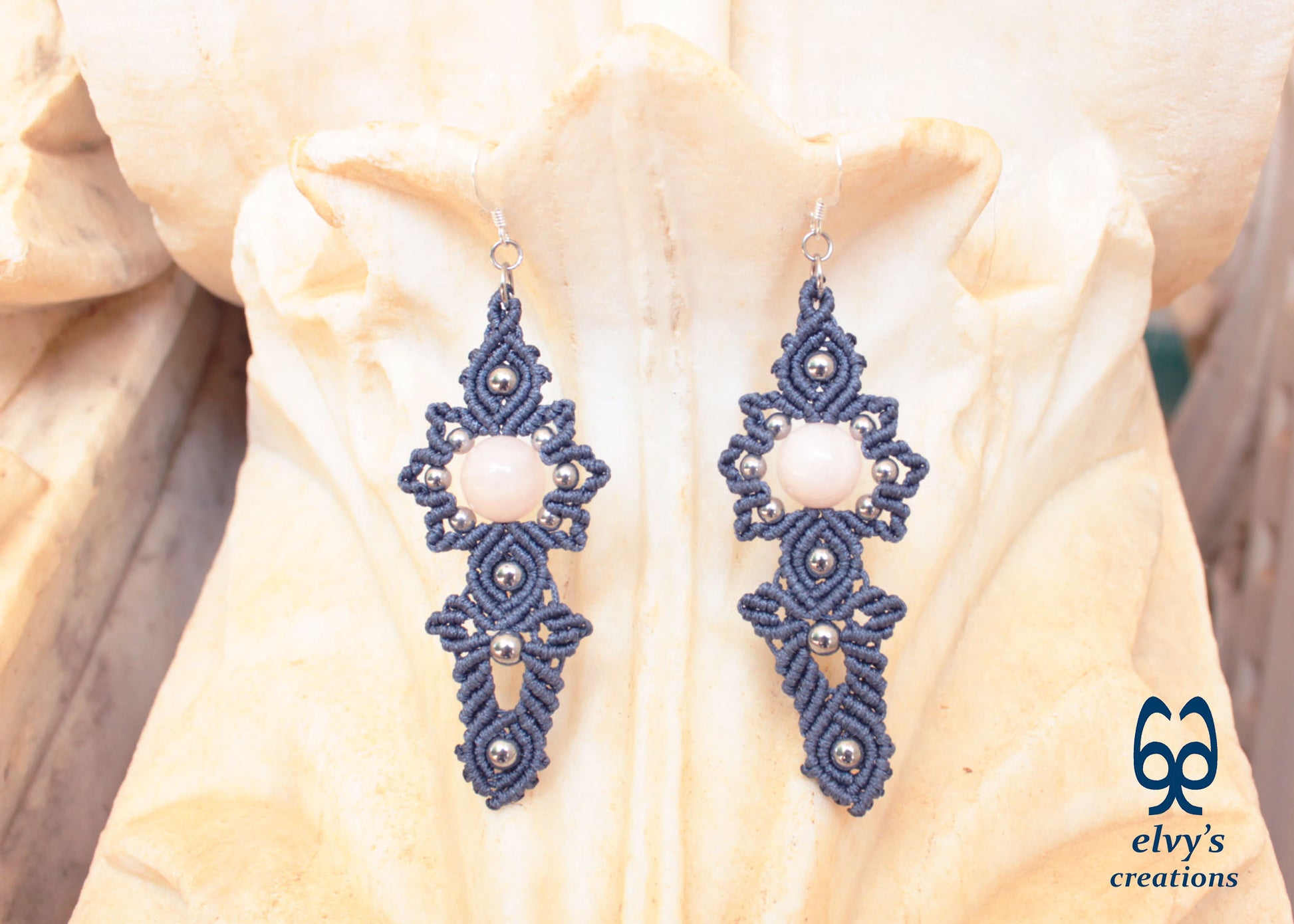 Gray Macrame Handmade Earrings with Pink Quartz and Hematite Gemstones