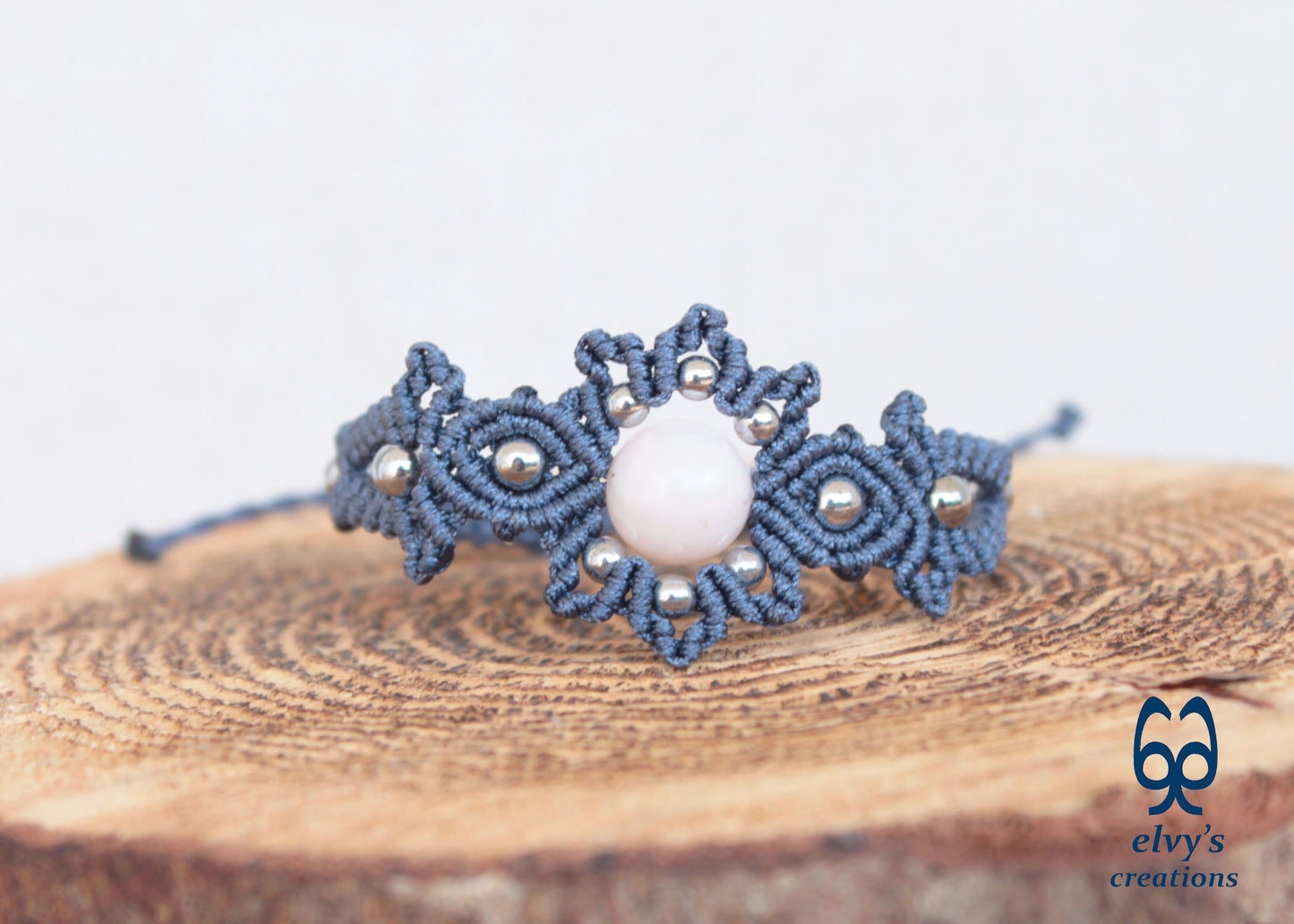 Gray Macrame Bracelet with Pink Quartz Gemstone Adjustable Gemstone 