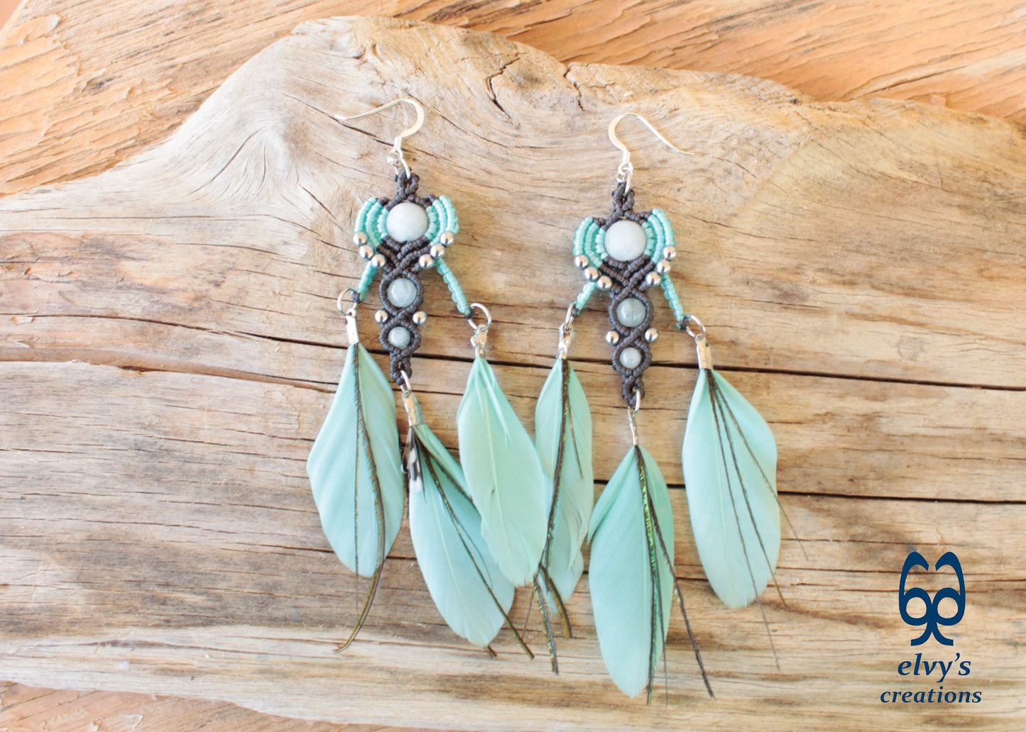 Gray Macrame Earrings with Aquamarine Gemstones, Handmade Silver Earrings with Turquoise Feathers