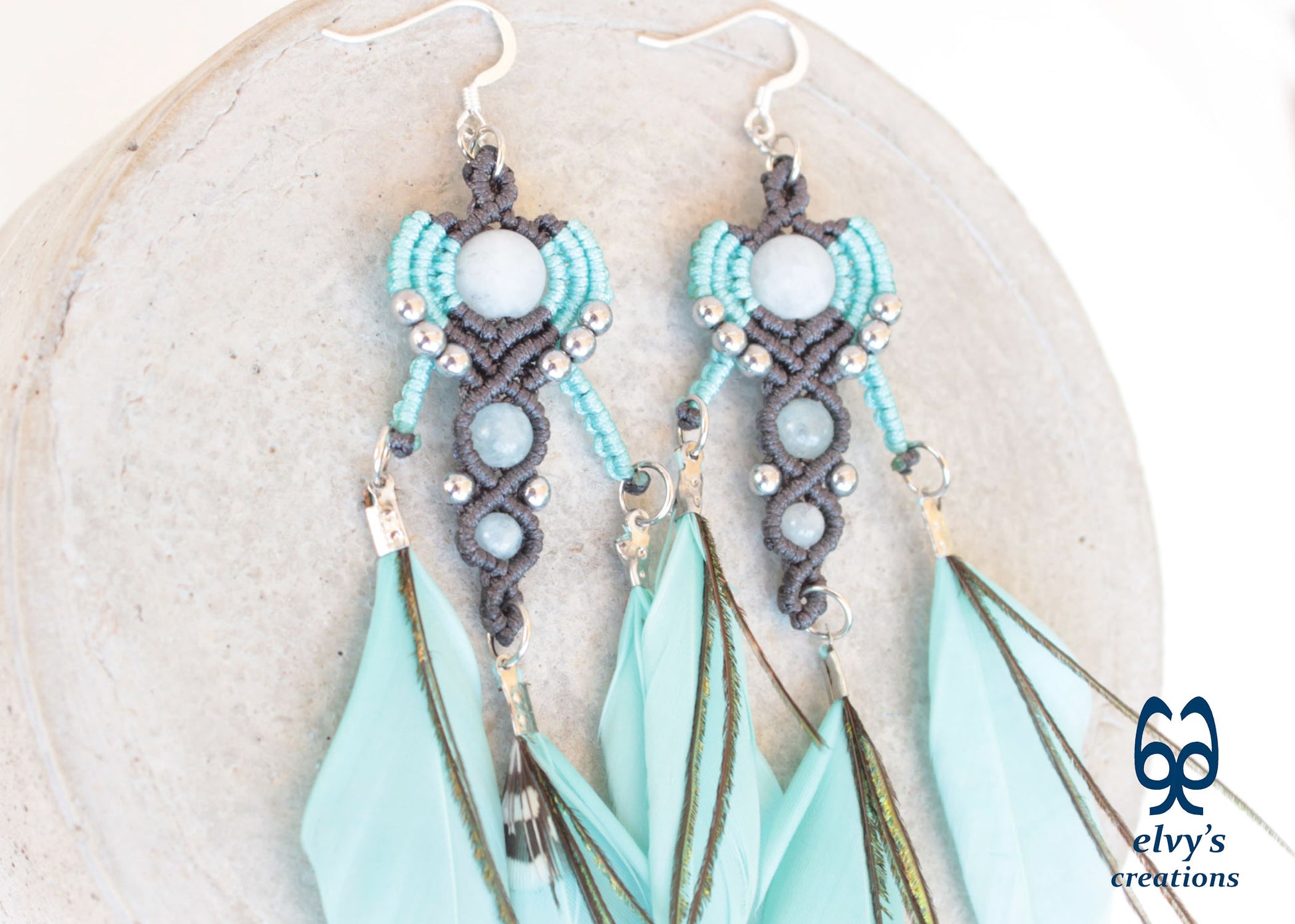 Gray Macrame Earrings with Aquamarine Gemstones, Handmade Silver Earrings with Turquoise Feathers