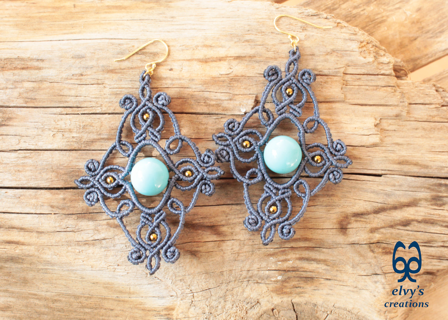 Grey Macrame Earrings with Turquoise Gemstones Dangle Gold Hematite Earrings