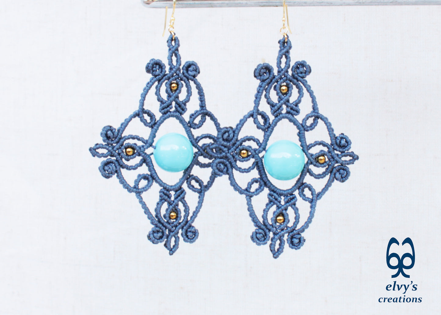 Grey Macrame Earrings with Turquoise Gemstones Dangle Gold Hematite Earrings