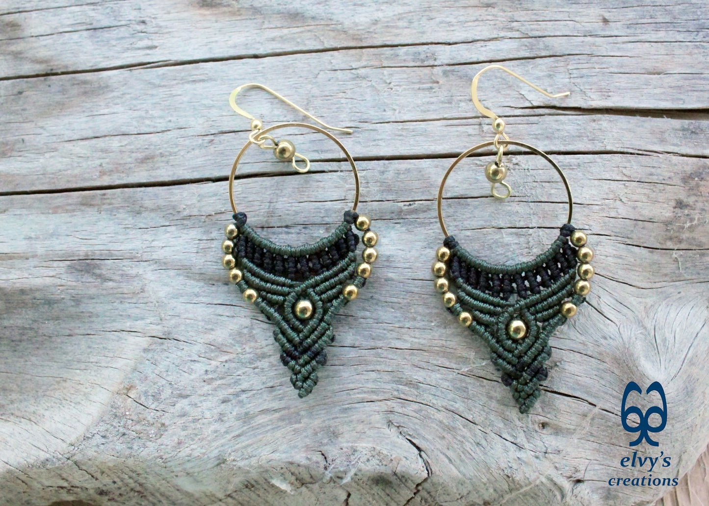 Green and Black Macrame Earrings Gold Hematite Gemstones Hoop Earrings