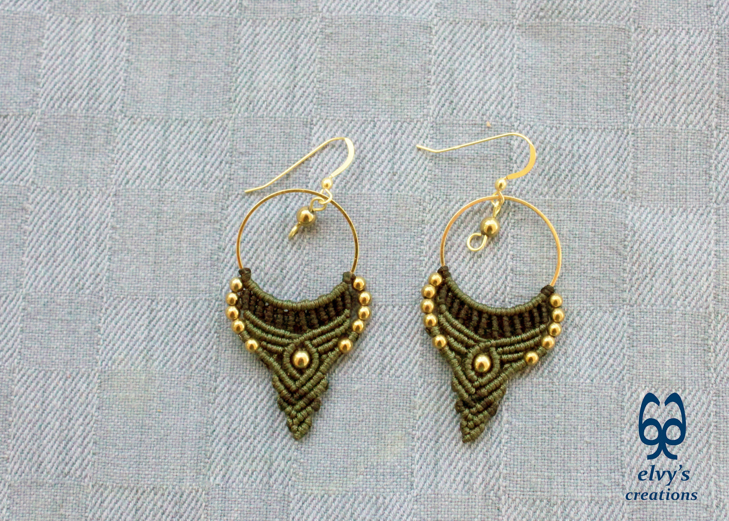 Green and Black Macrame Earrings Gold Hematite Gemstones Hoop Earrings
