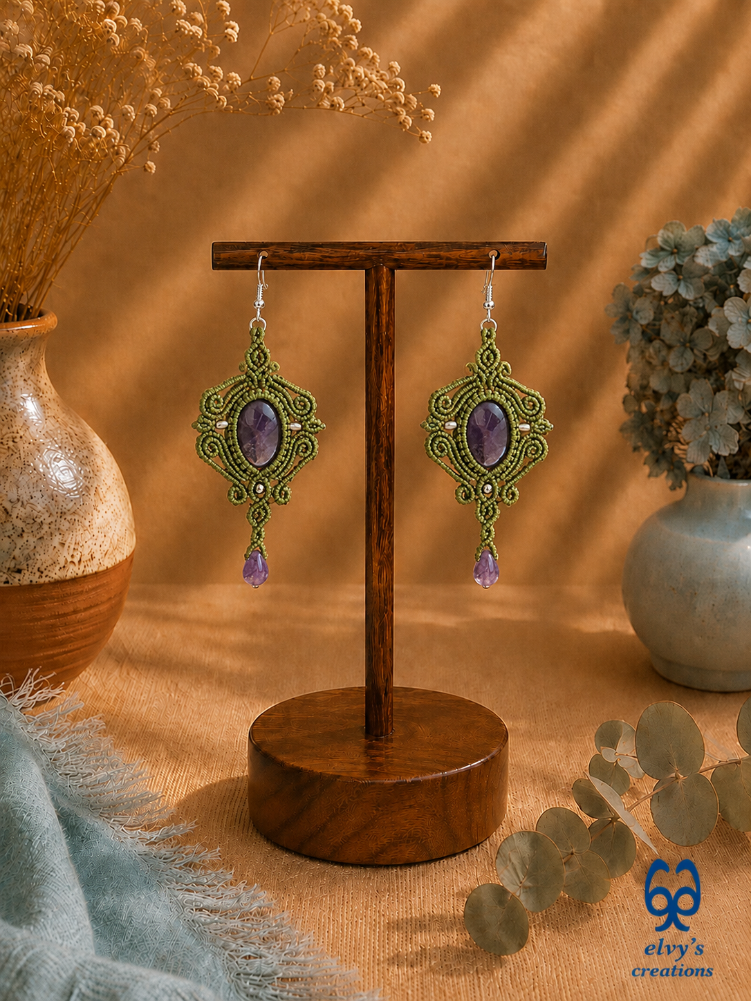 Handmade Green Macrame Earrings with Purple Amethyst Gemstones Dangle