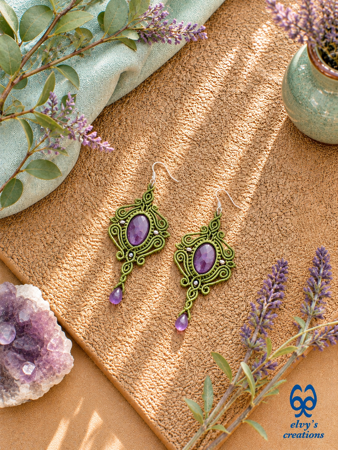 Handmade Green Macrame Earrings with Purple Amethyst Gemstones Dangle