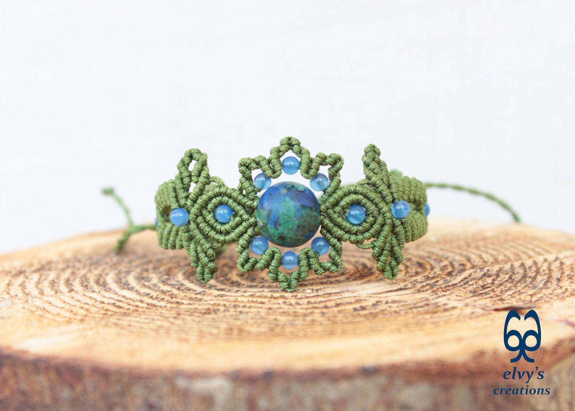 Handmade Green Macrame Bracelet with Azurite Adjustable Boho Cuff 