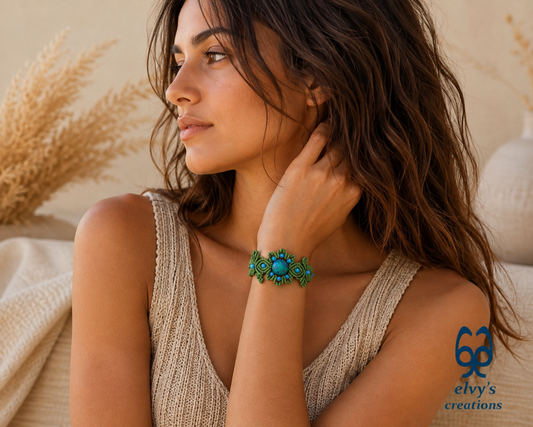 Handmade Green Macrame Bracelet with Azurite Adjustable Boho Cuff 