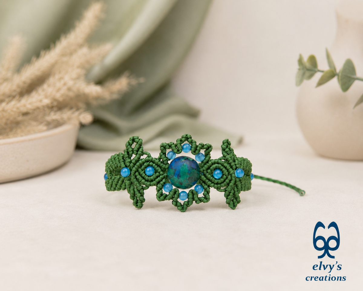 Handmade Green Macrame Bracelet with Azurite Adjustable Boho Cuff 