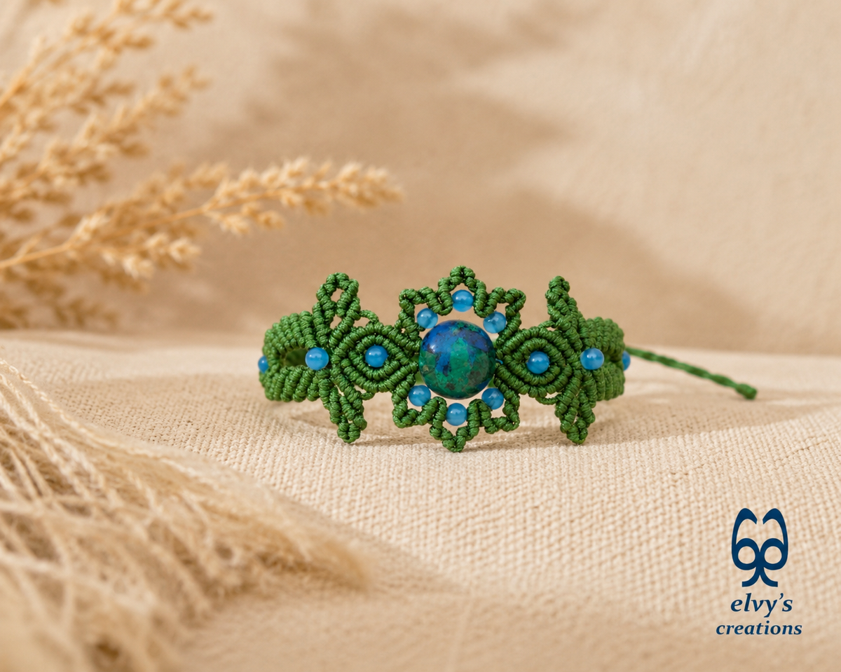 Handmade Green Macrame Bracelet with Azurite Adjustable Boho Cuff 