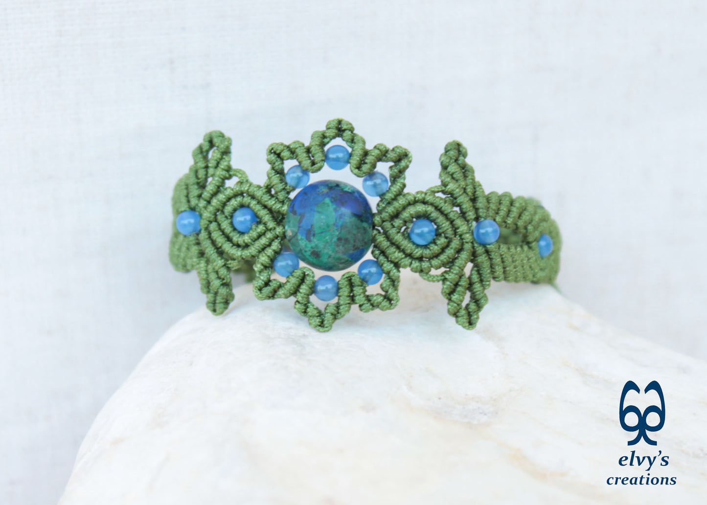 Handmade Green Macrame Bracelet with Azurite Adjustable Boho Cuff 