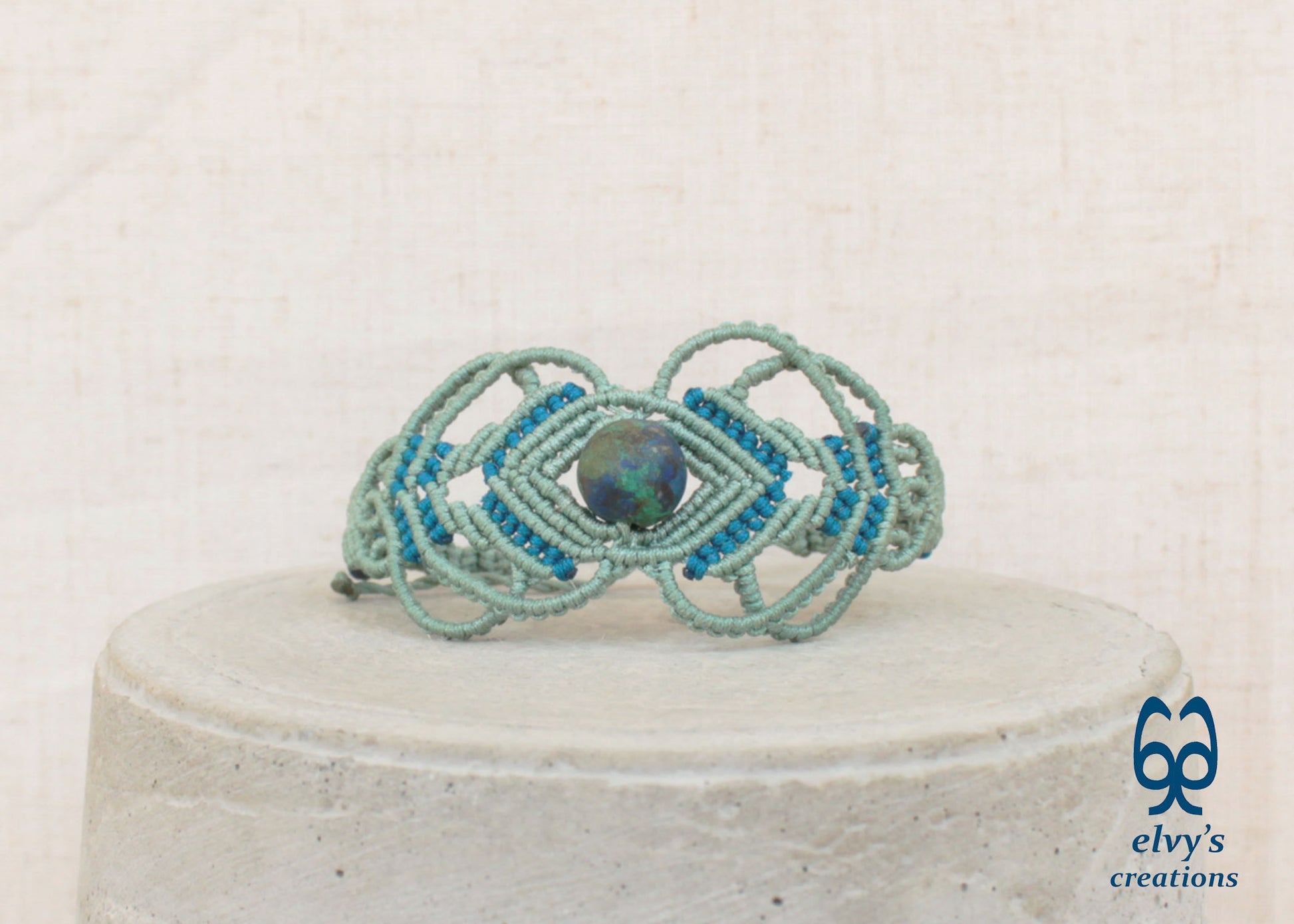 Green Macrame Bracelet with Blue Azurite Gemstone Boho Macrame Adjustable Bracelet