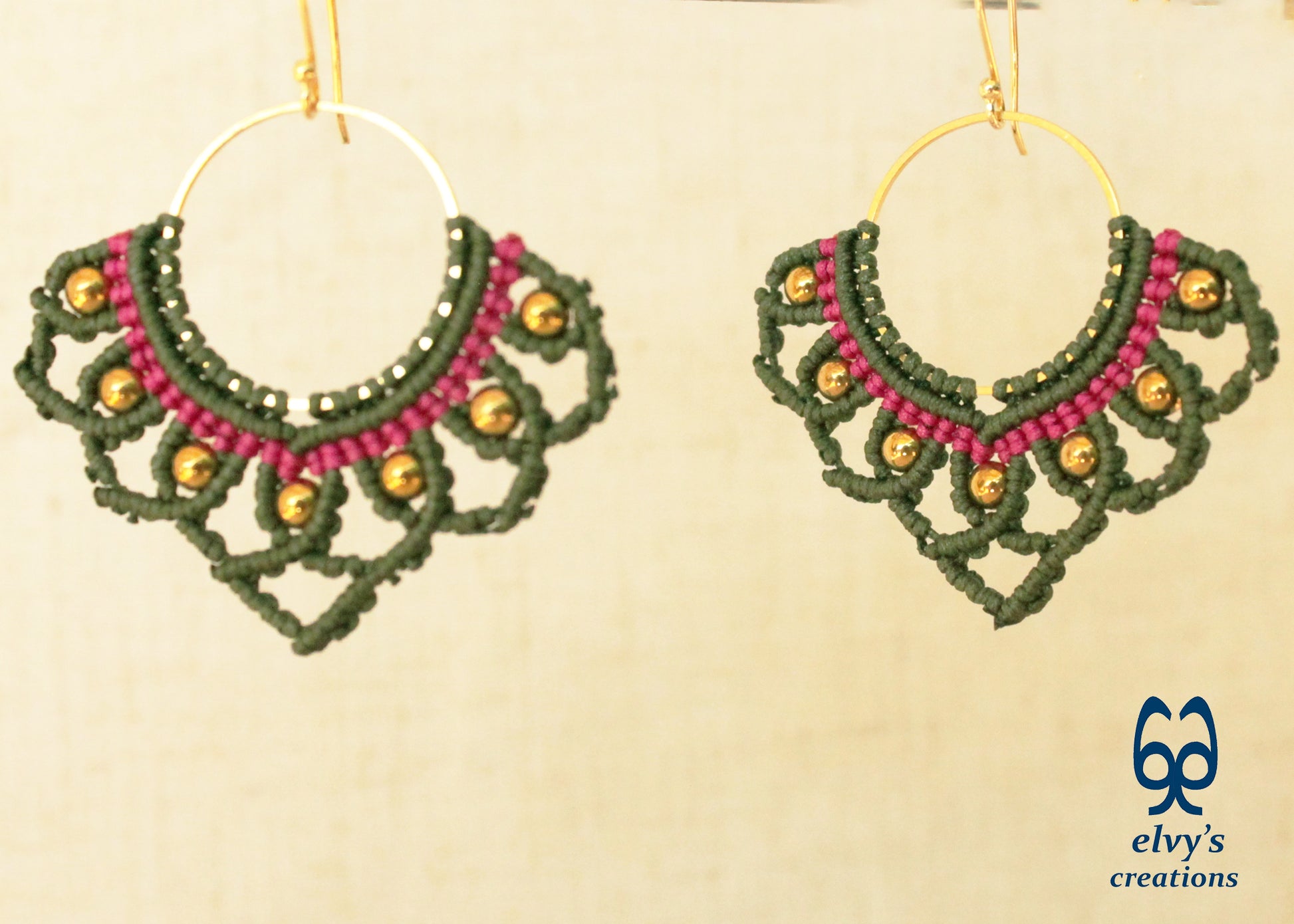 Green Macrame Earrings with Hematite Gemstones Lotus Gold Hoop Earrings