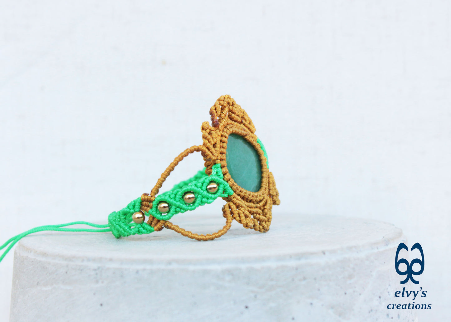 Gold Macrame Bracelet Green Aventurine Gemstone Adjustable Hematite Bracelet