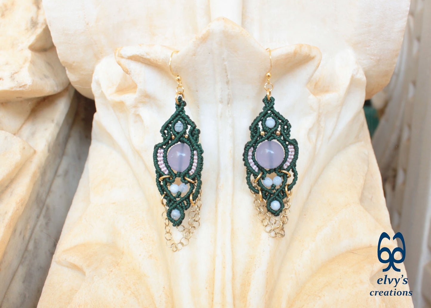 Handmade Green Macrame Silver Earrings with Chalcedony Gemstones Dangle