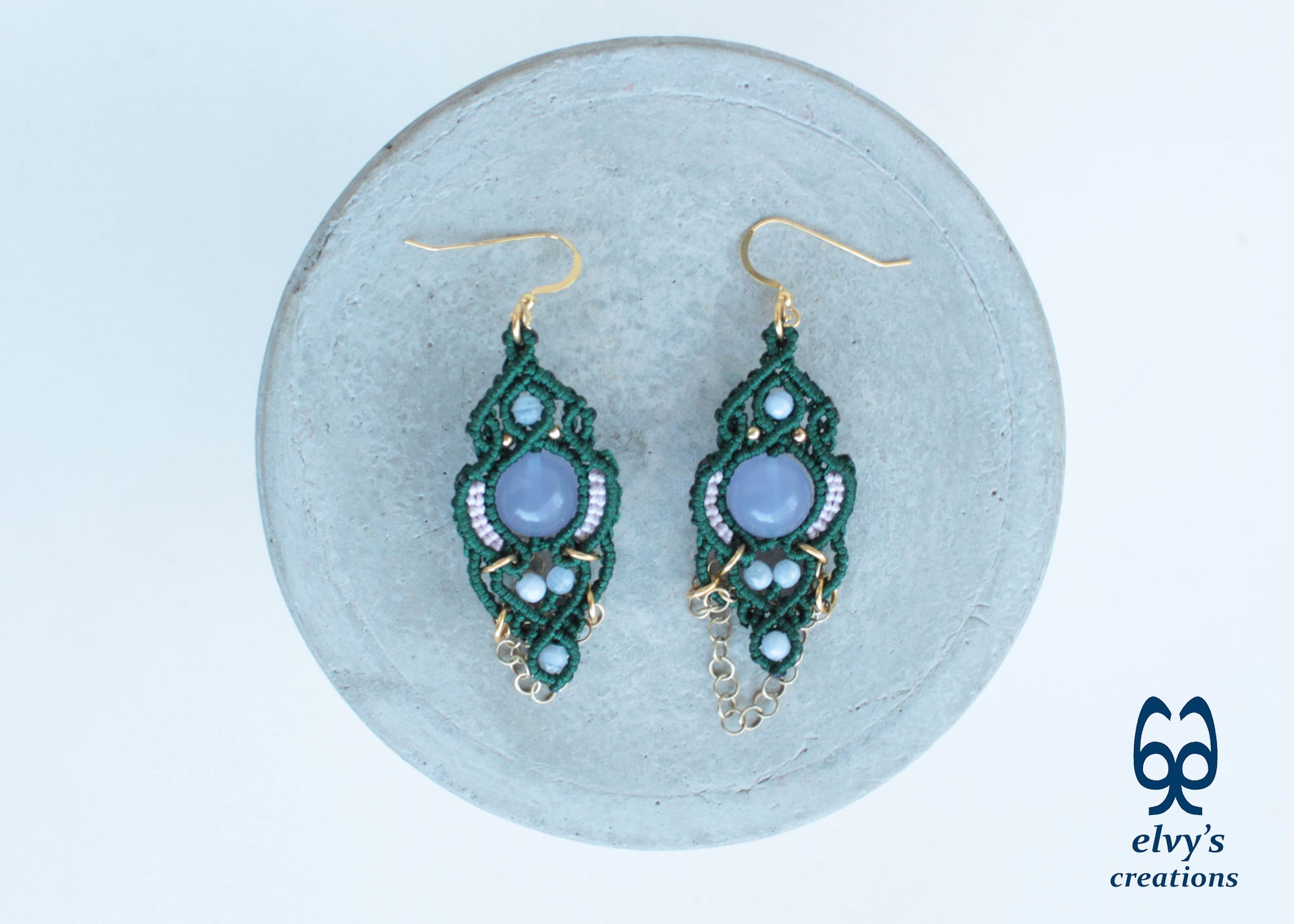Handmade Green Macrame Silver Earrings with Chalcedony Gemstones Dangle
