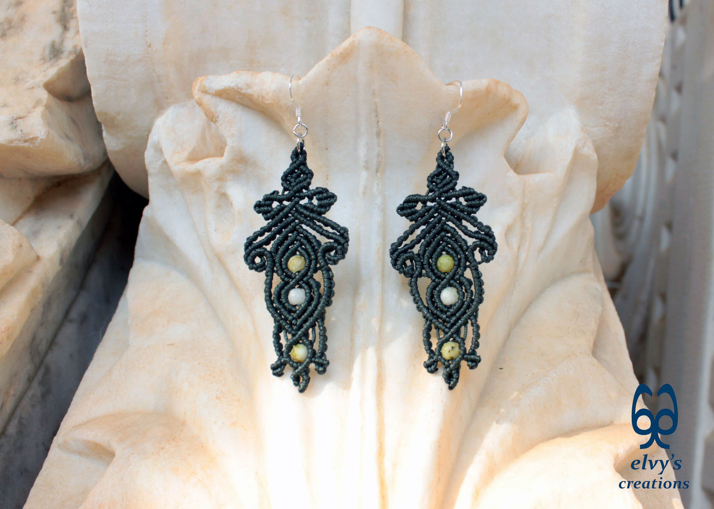 Handmade Macrame Silver Earrings, Beaded Gemstone Handmade Jewelry, Gift for Women