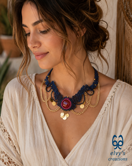 Handmade Red Macrame Choker Necklace with Orange Carnelian Gemstones