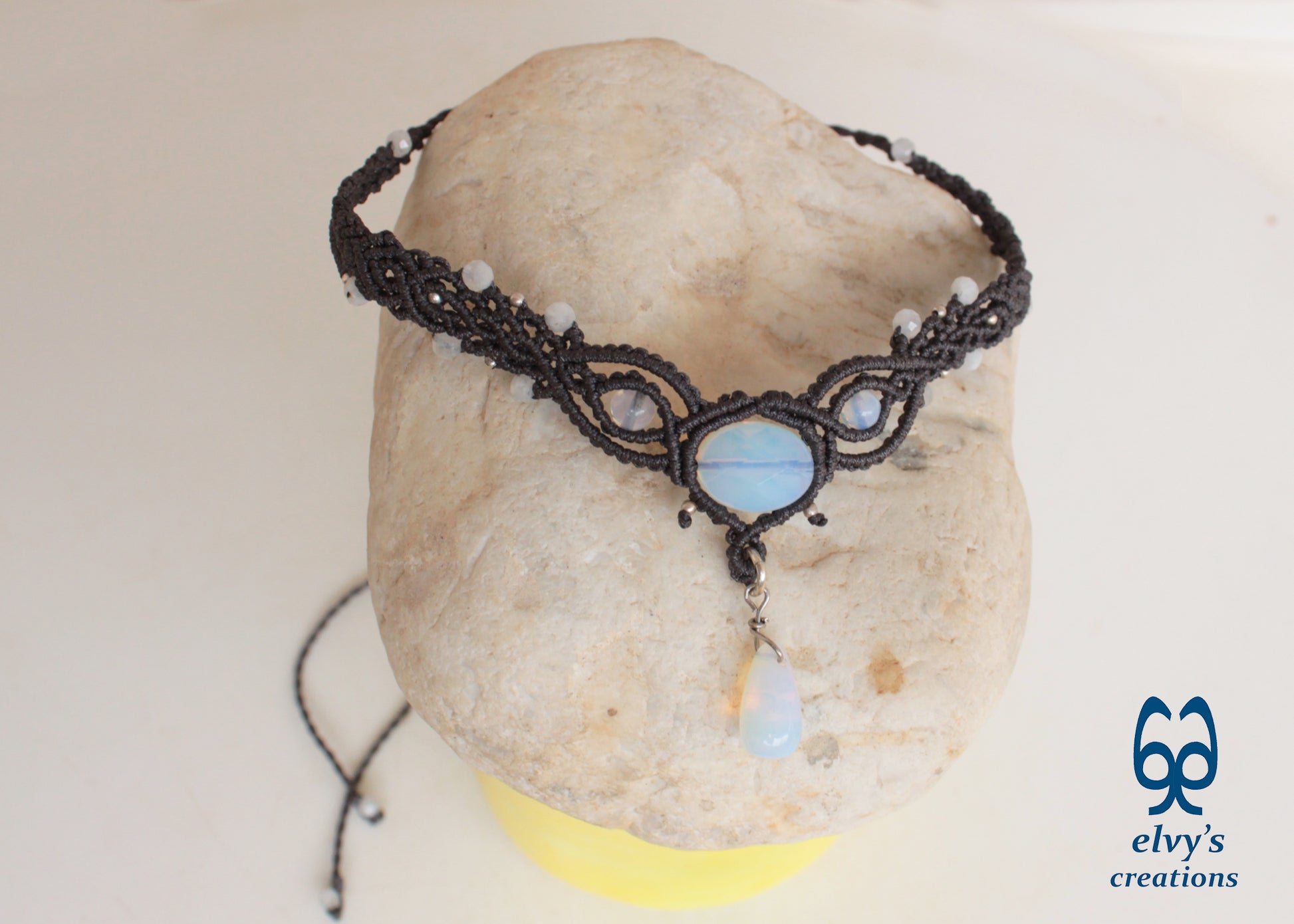 Handmade Grey Macrame Necklace with Moonstones, Adjustable Choker 