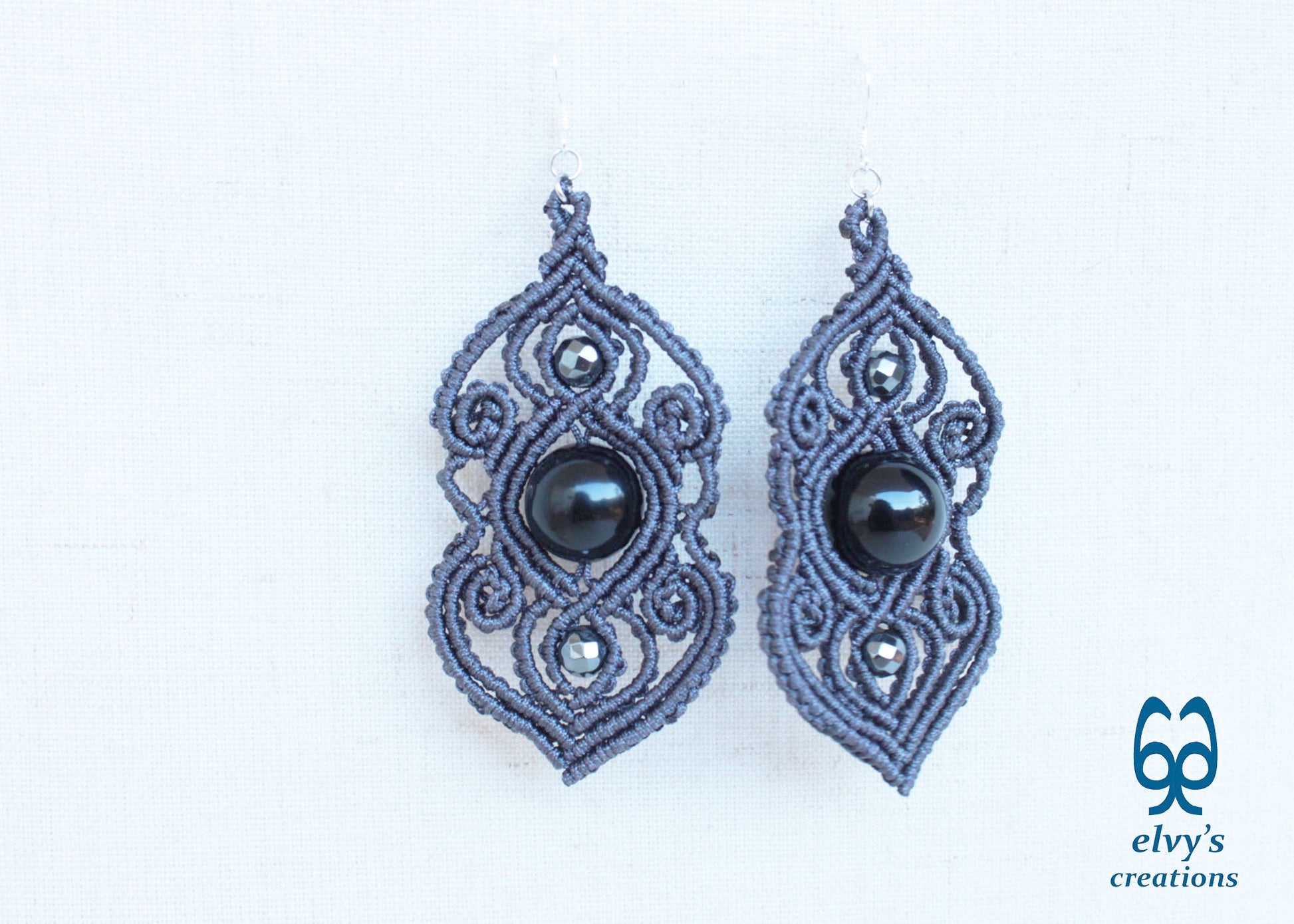 Handmade Grey Macramé Earrings with Black Onyx Gemstones, Silver Macramé Bohemian Earrings
