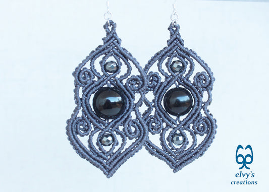 Handmade Grey Macramé Earrings with Black Onyx Gemstones, Silver Macramé Bohemian Earrings