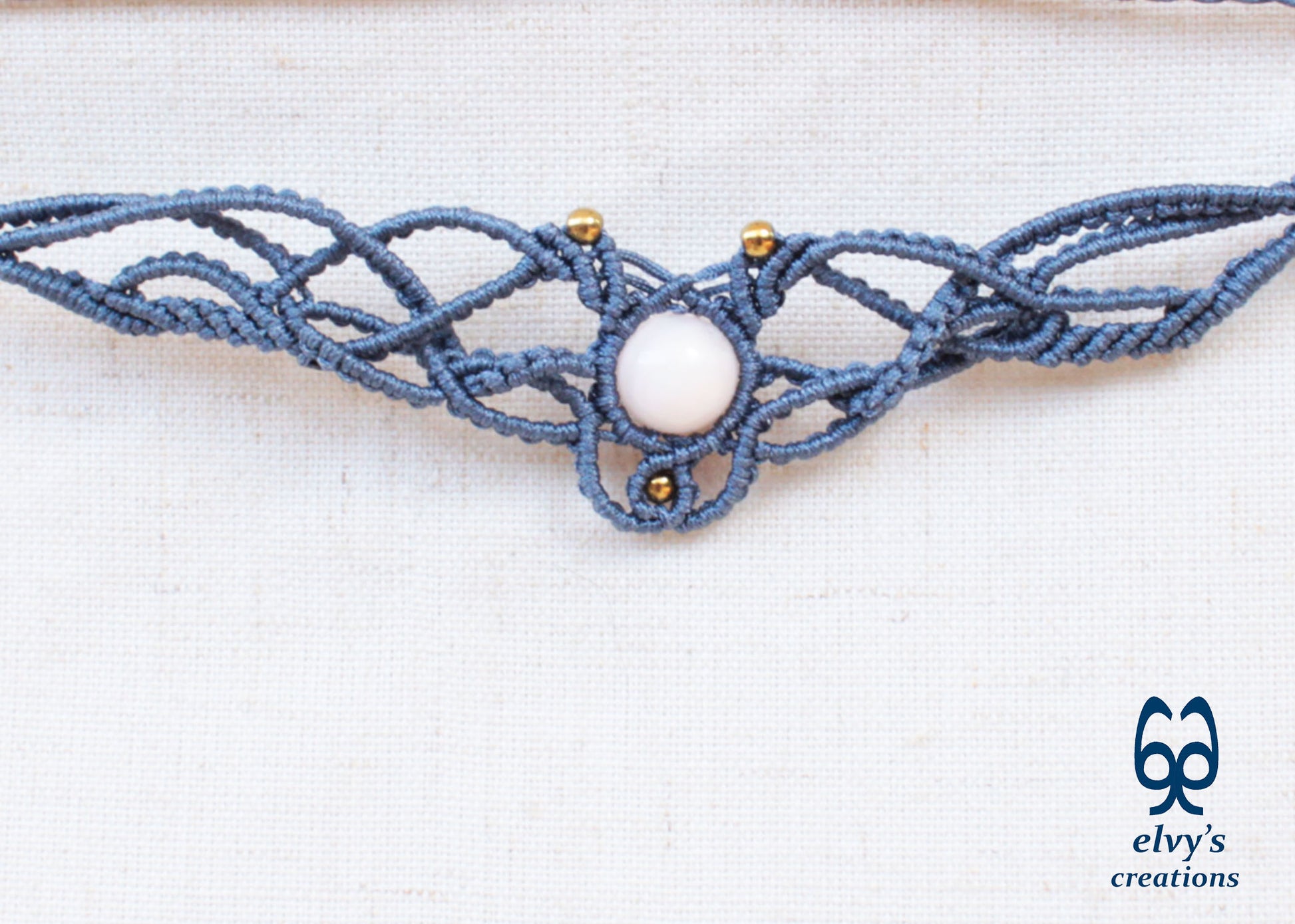 Blue Macrame Necklace with Pink Quartz Gemstone Boho Choker with Silver Hematite Gemstones